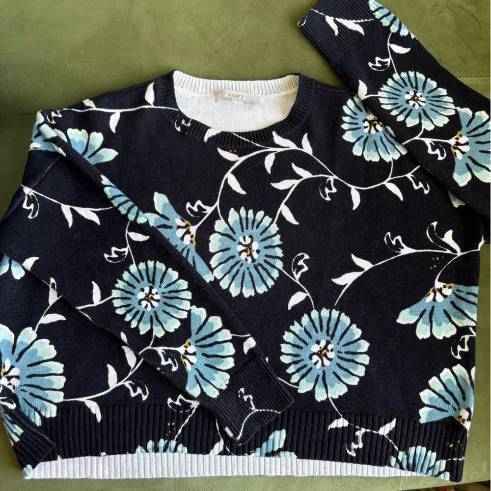 LOFT Black Crewneck Sweater with Blue Floral Motif - Picture 6 of 8